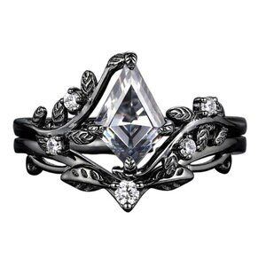 Rhombus Cut Natural Gray Moissanite Engagement Wedding Ring Set in Rhodium